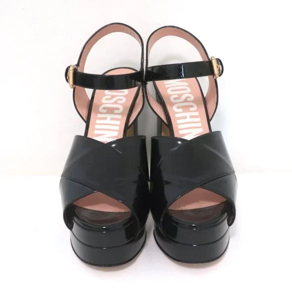 MOSCHINO PLATFORM FLARE-HEEL SANDALS BLACK PATENT LEATHER SIZE 38.5 - Picture 4 of 11